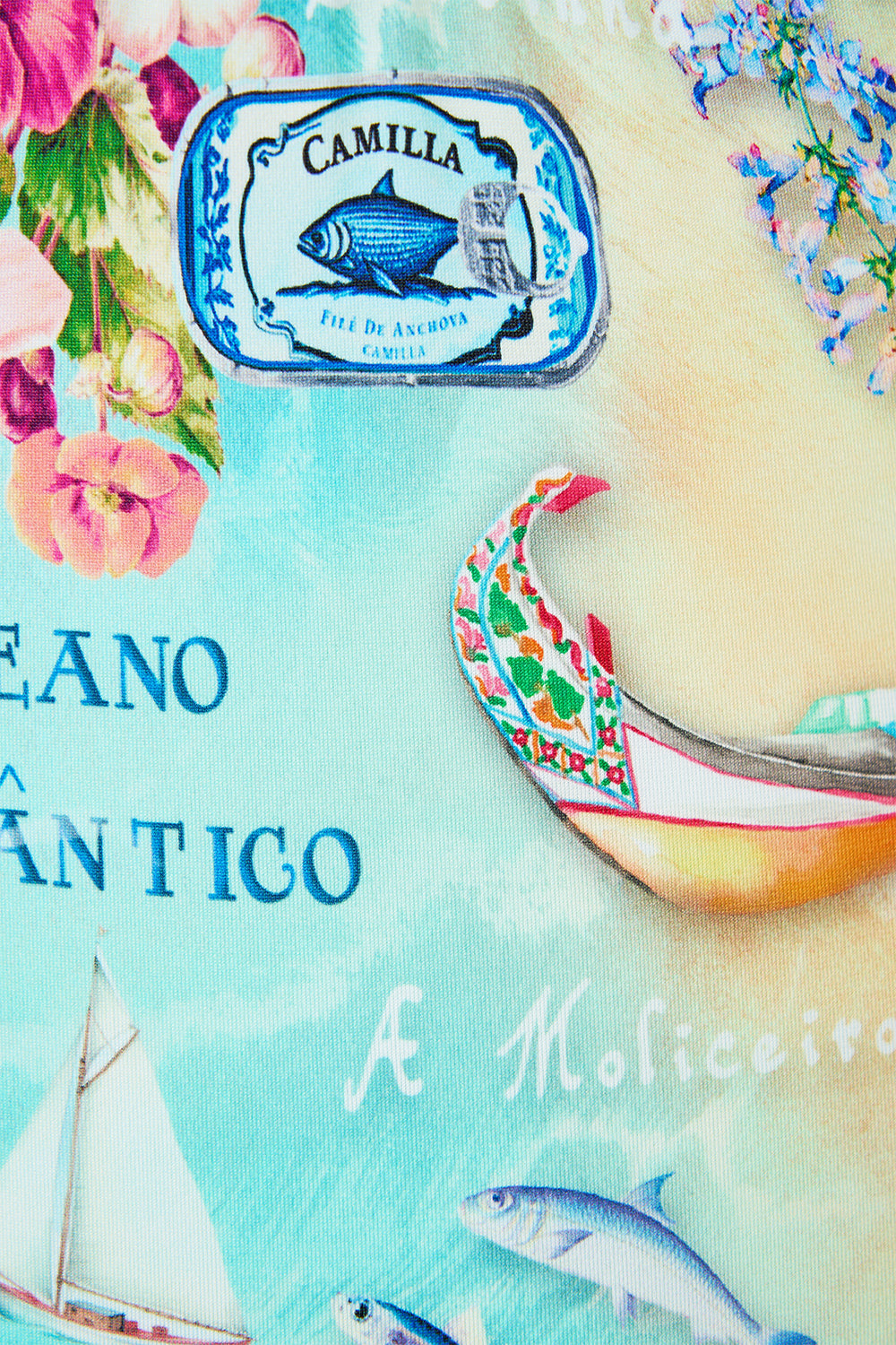 The CAMILLA Ruched Panelled Tri One Piece W Knot Front in our Just Coasting print.