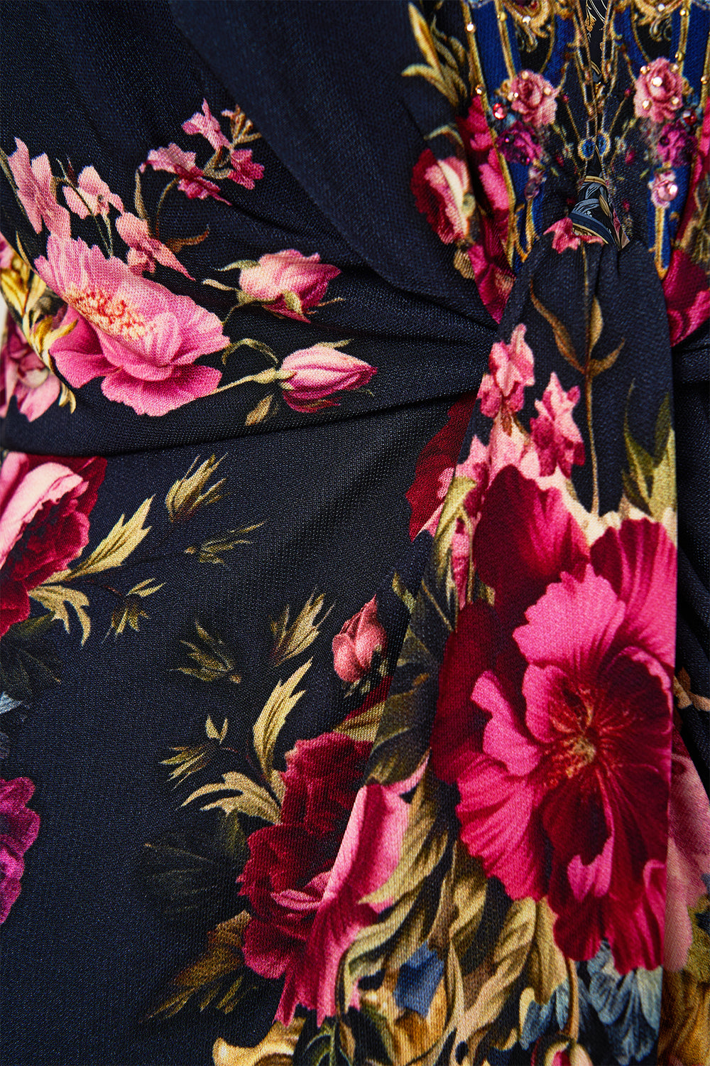 The CAMILLA Long V Neck Twist Front Jersey Dress in our Ornate On A Plate print.