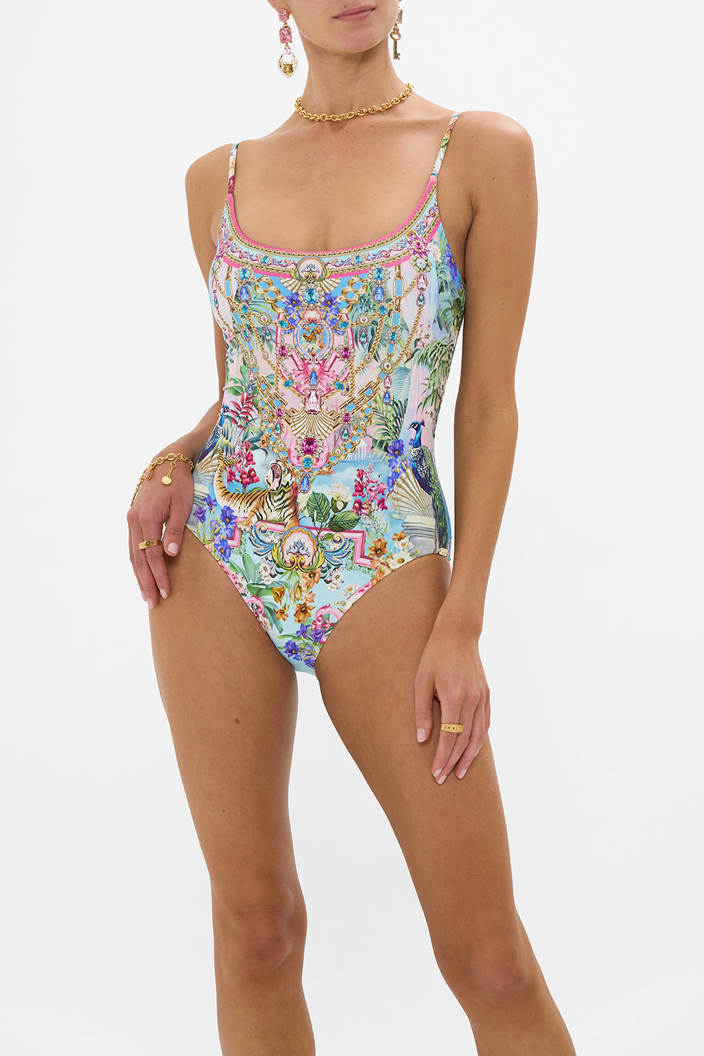 The CAMILLA Scoop Neck One Piece With Scoop Back in our Spirit Of Santa Maria print.