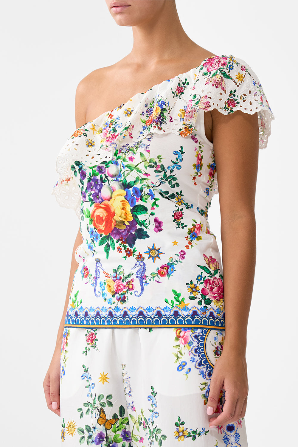 The CAMILLA One Shoulder Fitted Jersey Tank in our Tiles Darls print.