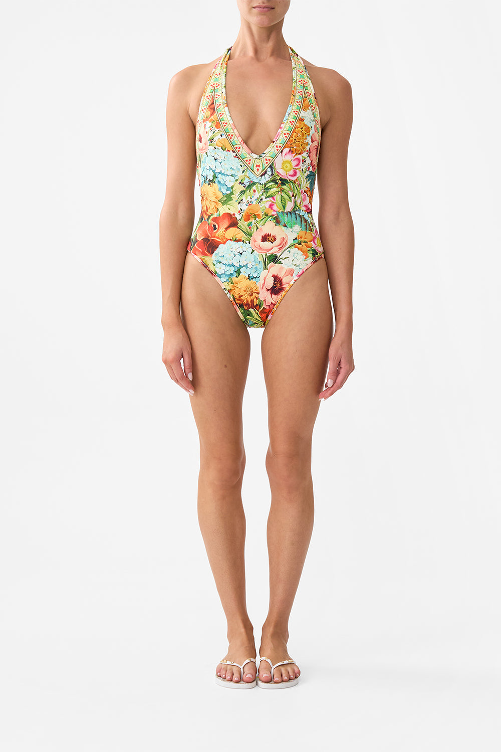 The CAMILLA Reversible Bind Edge V Neck Halter One Piece in our Bathing Bombshell print.
