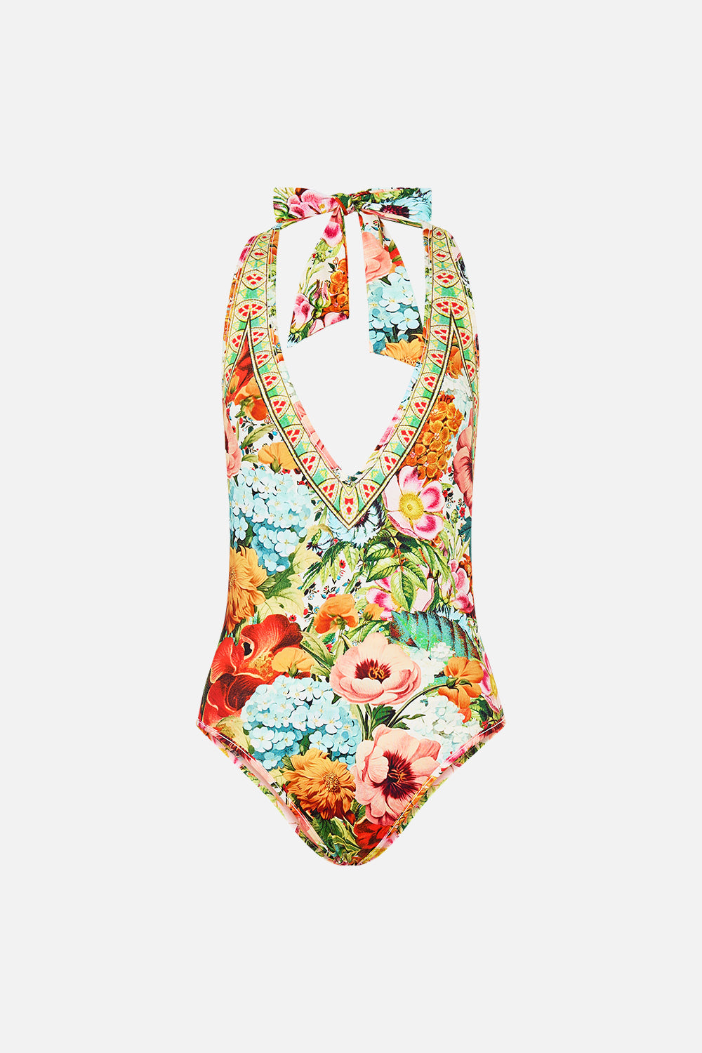 The CAMILLA Reversible Bind Edge V Neck Halter One Piece in our Bathing Bombshell print.