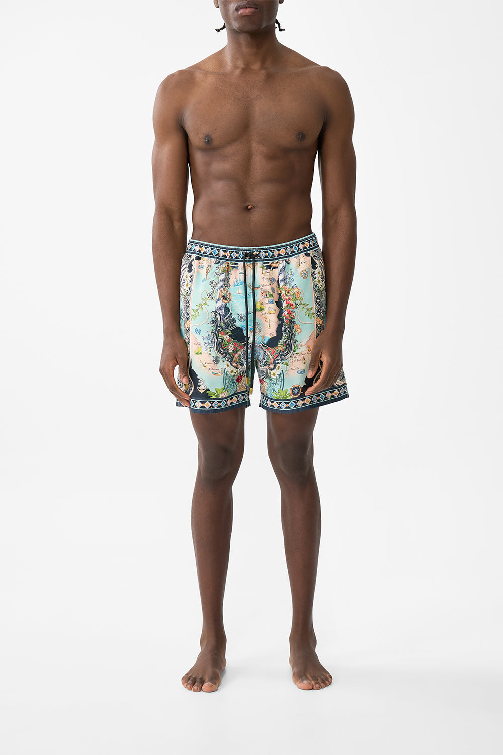 The CAMILLA Mid Length Boardshort With Elastic Waist in our Folk Afloat print.
