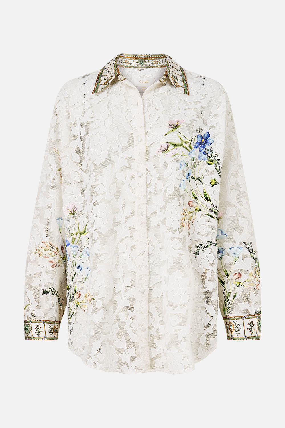 The CAMILLA COLLARED SHIRT WITH SIDE BUTTONS DRESSING ROOM DRAMA in our  print.