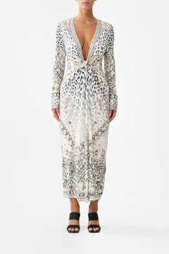 The CAMILLA Long V Neck Twist Front Jersey Dress in our Marble Heaven print.