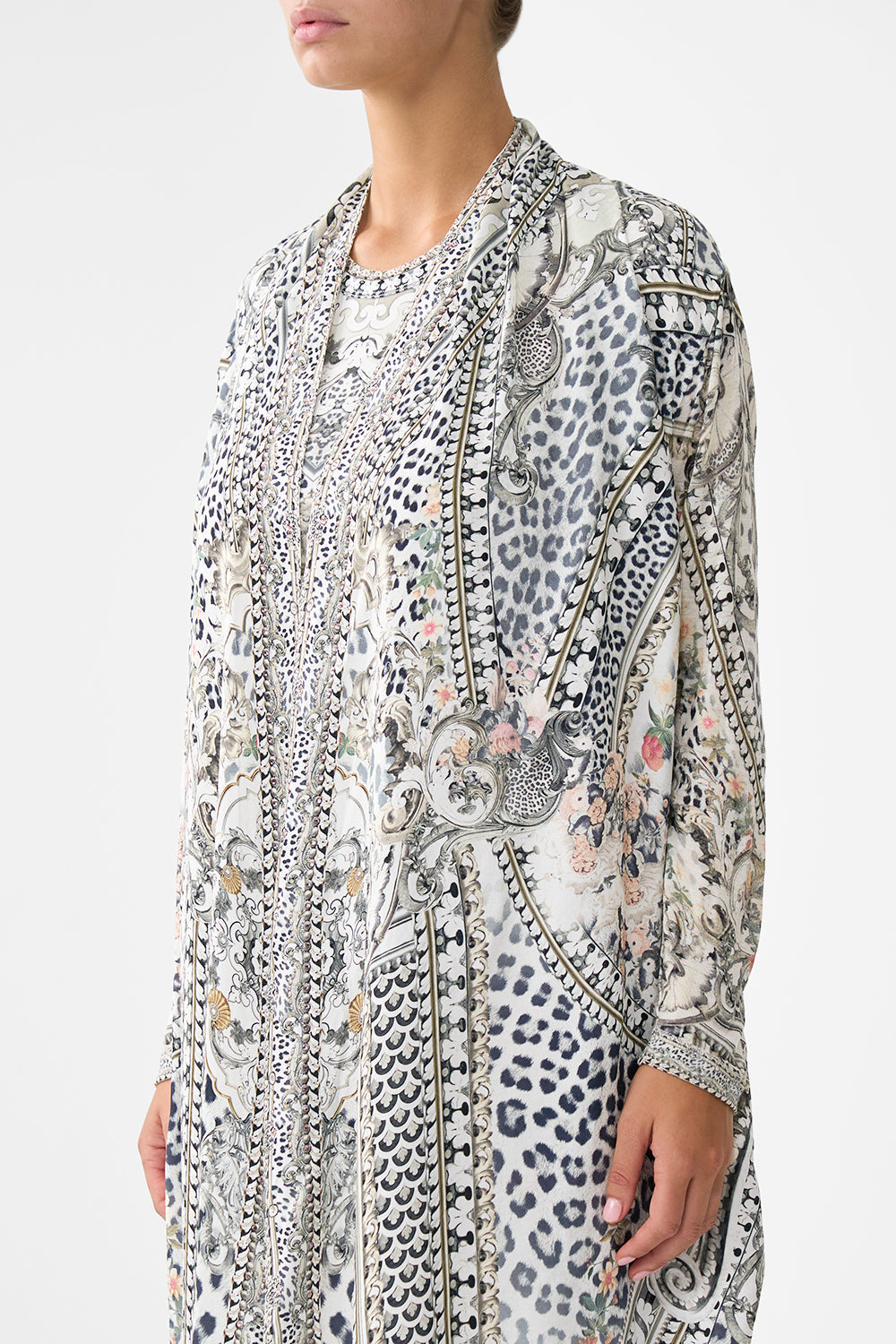 The CAMILLA Long Casual Jacket With Pockets in our Marble Heaven print.