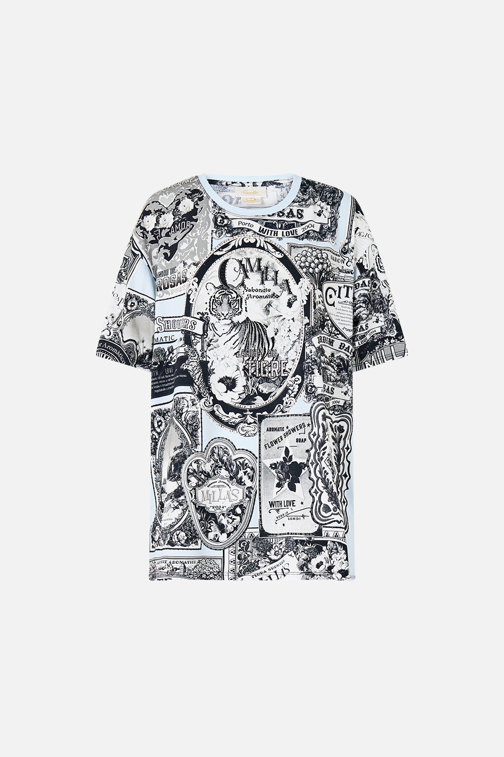 The CAMILLA Oversized Band Tee - Blue/Blk in our Perfumed In Porto print.