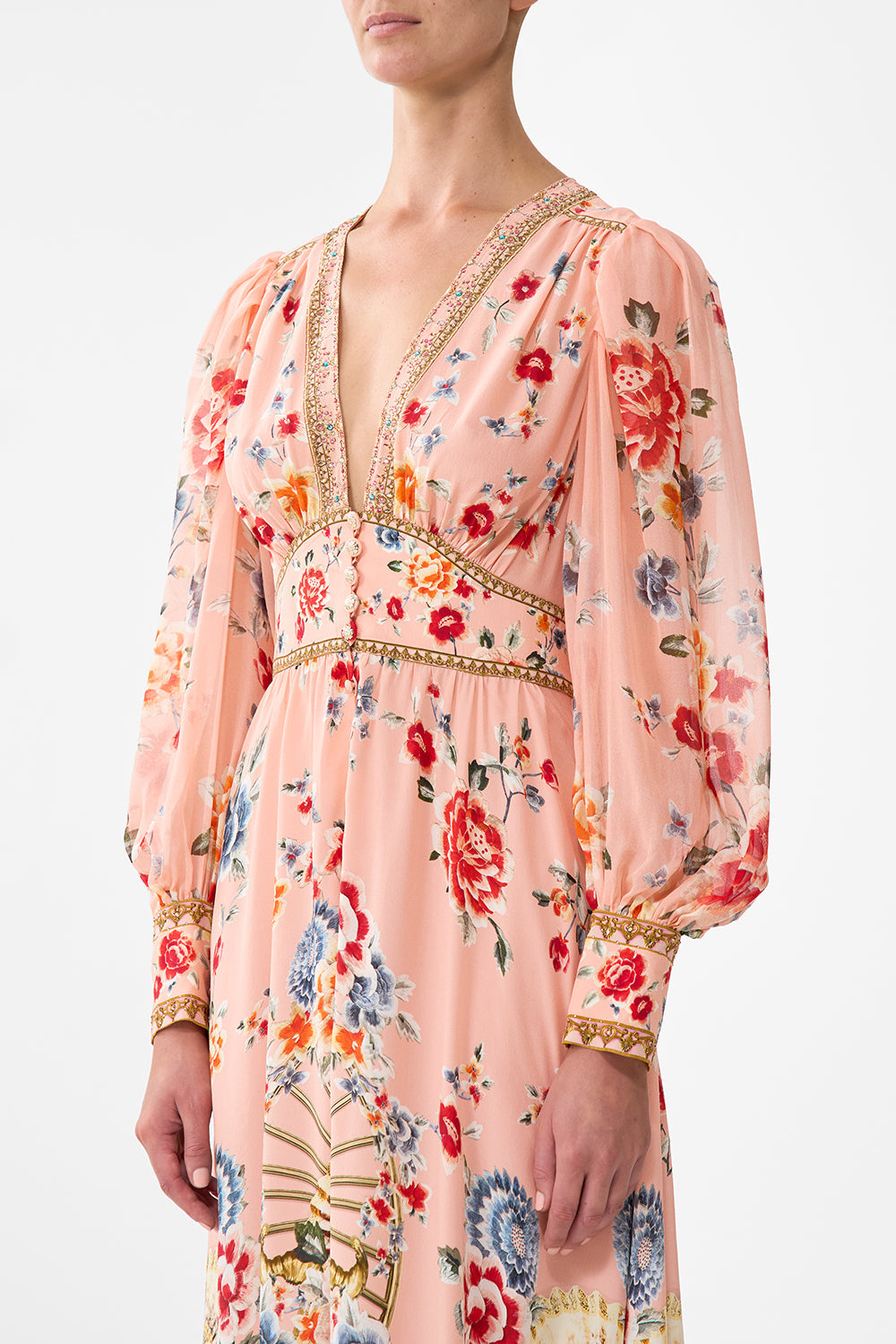 The CAMILLA Shaped Waistband Dress With Gathered Sleeves in our Majestic Milla print.