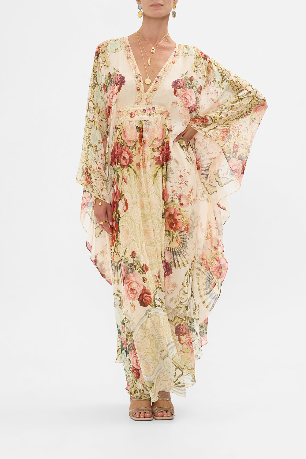 The CAMILLA Long Kaftan With Waist Detail in our Meet Me At The Majestic print.