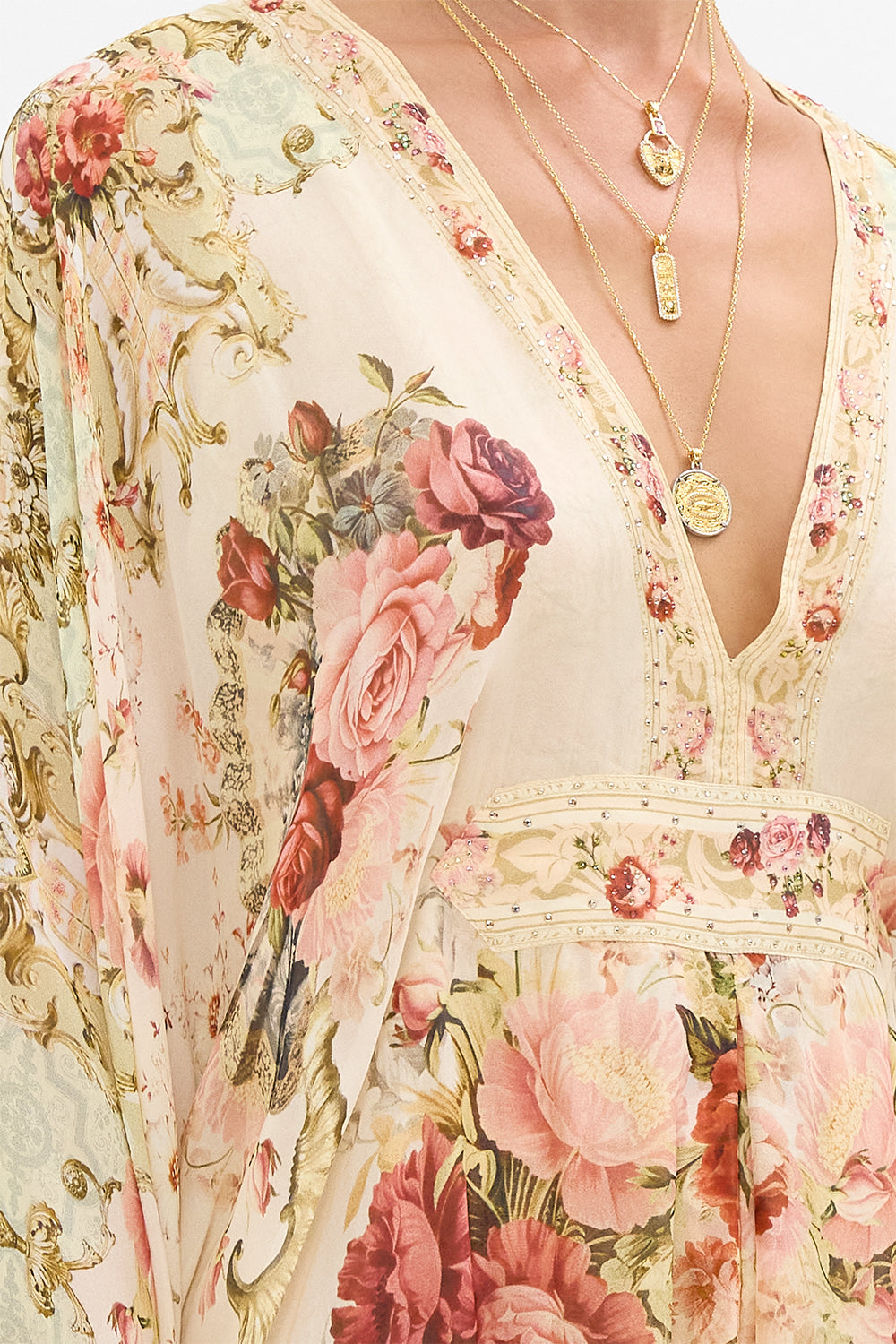 The CAMILLA Long Kaftan With Waist Detail in our Meet Me At The Majestic print.