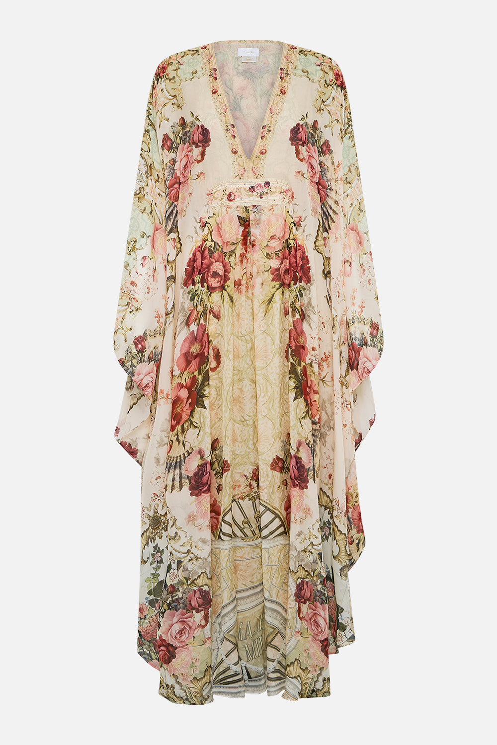 The CAMILLA Long Kaftan With Waist Detail in our Meet Me At The Majestic print.