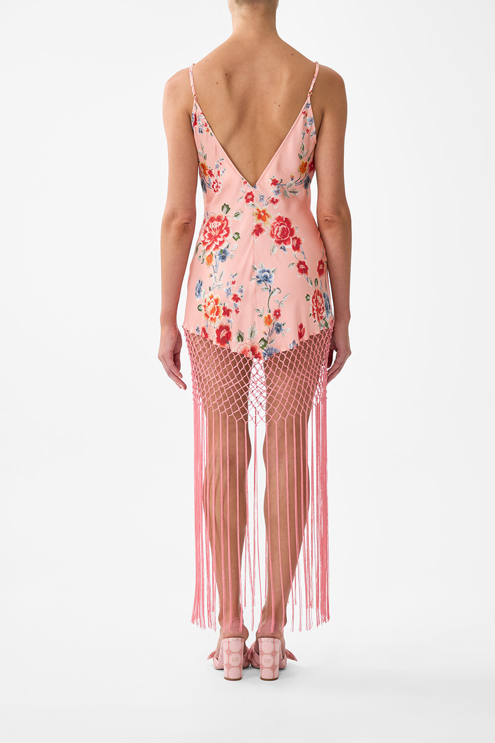 The CAMILLA V Neck Bias Slip Dress With Fringing in our Majestic Milla print.