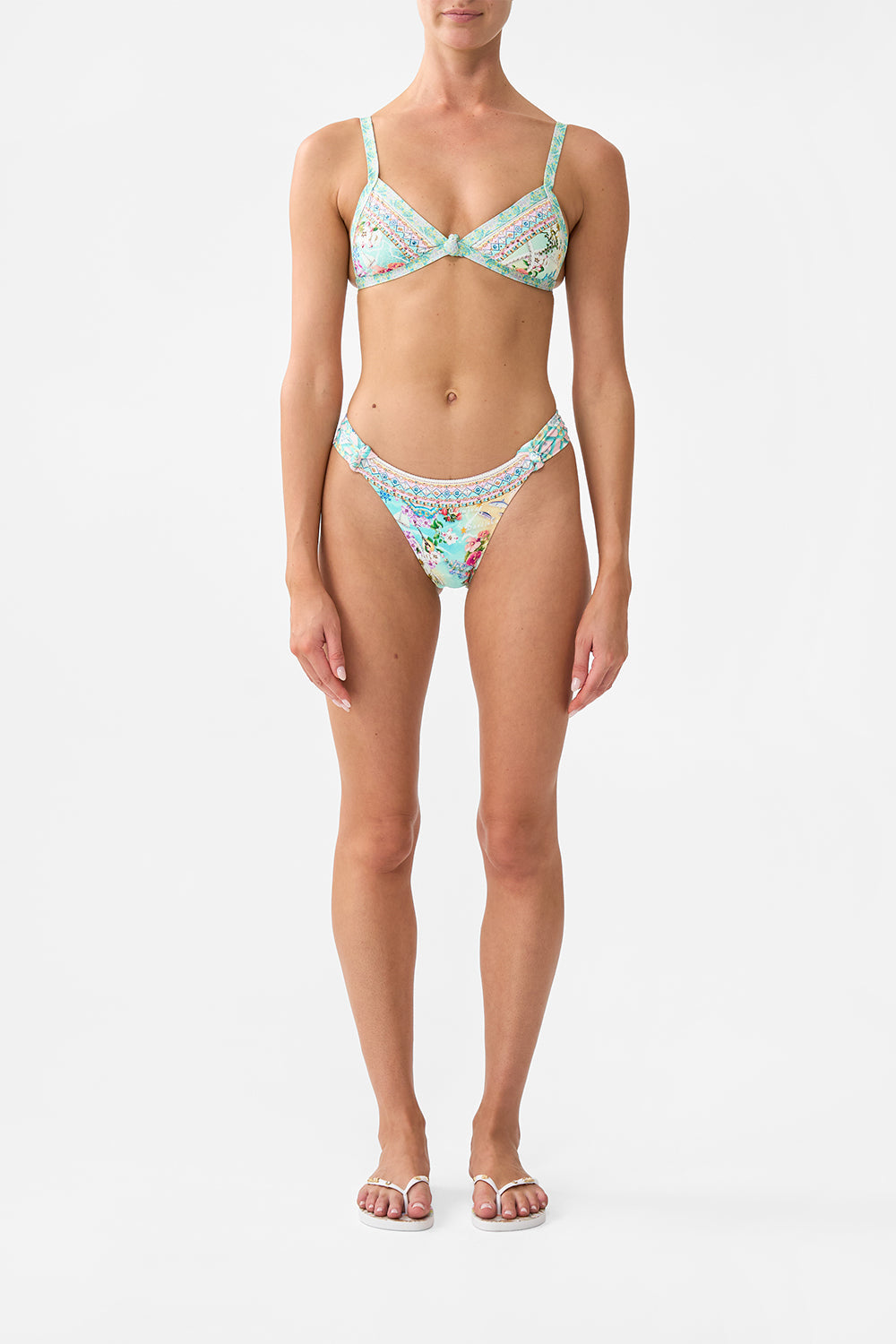 The CAMILLA Regular Bikini Bottom With Ruched Knot Sides in our Just Coasting print.