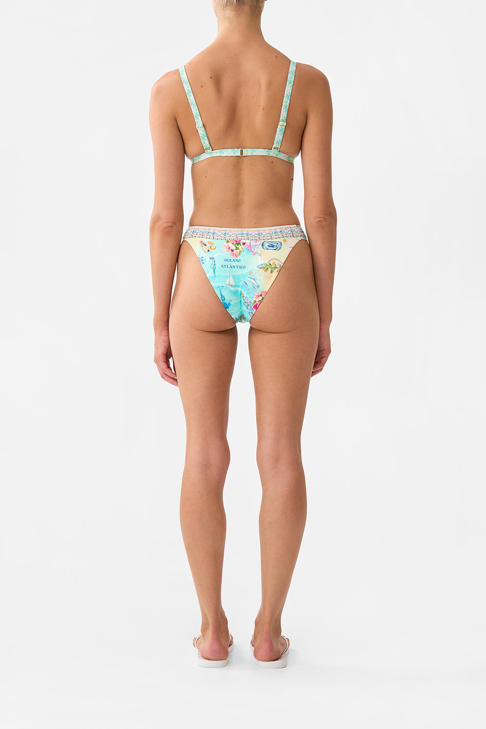 The CAMILLA Regular Bikini Bottom With Ruched Knot Sides in our Just Coasting print.