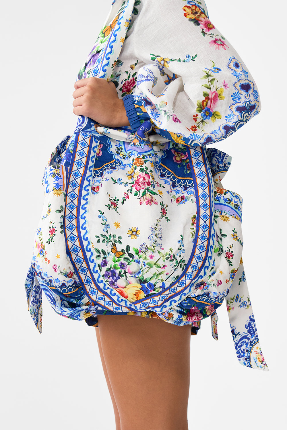 The CAMILLA Drawstring Bow Beach Bag in our Tiles Darls print.
