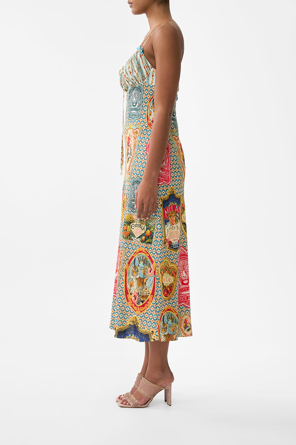 The CAMILLA Gathered Bodice Bias Dress in our Soap Opera print.