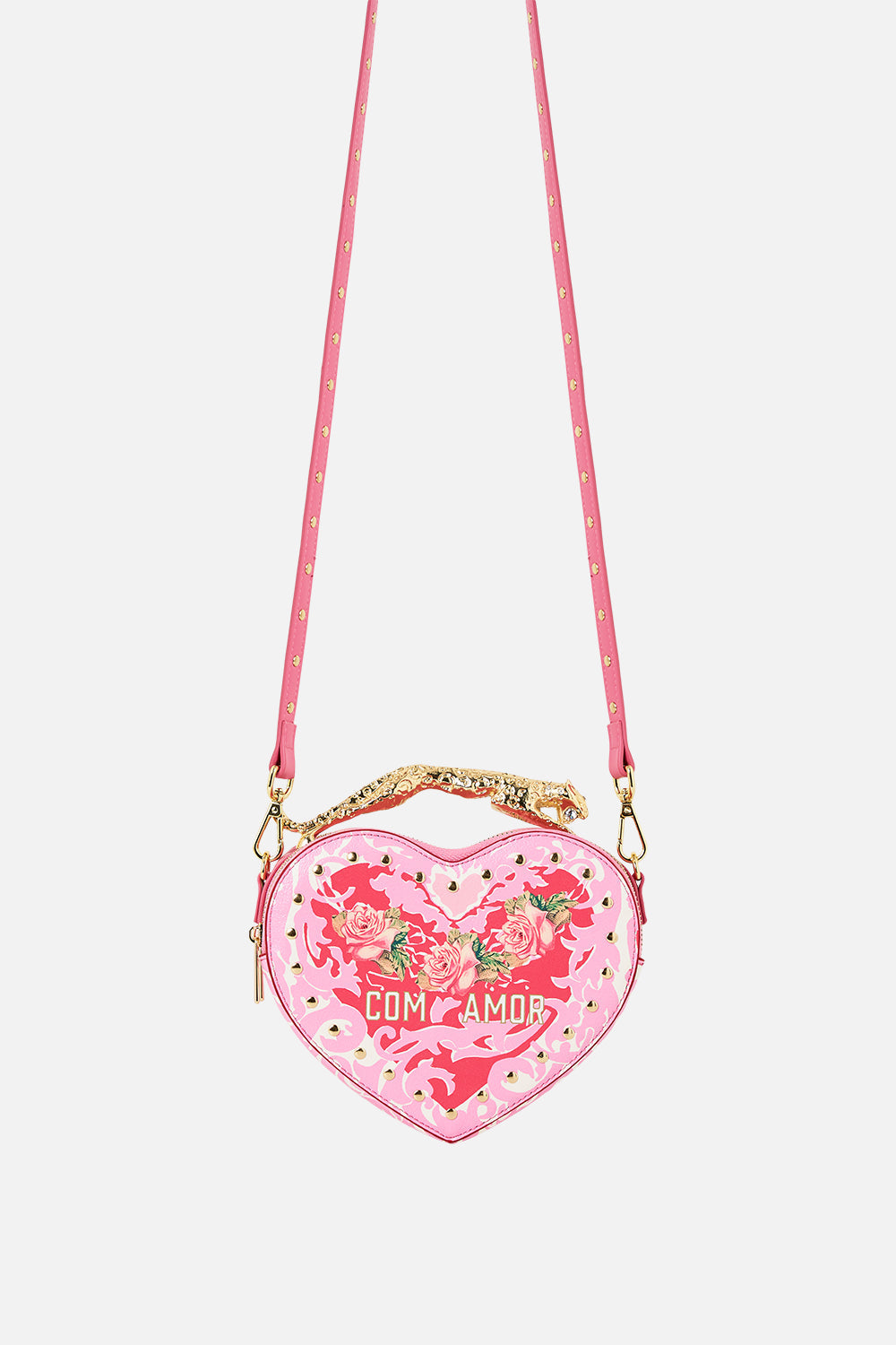 The CAMILLA HEART CROSSBODY WITH LEOPARD HANDLE PINK PORTO in our PINK PORTO print.