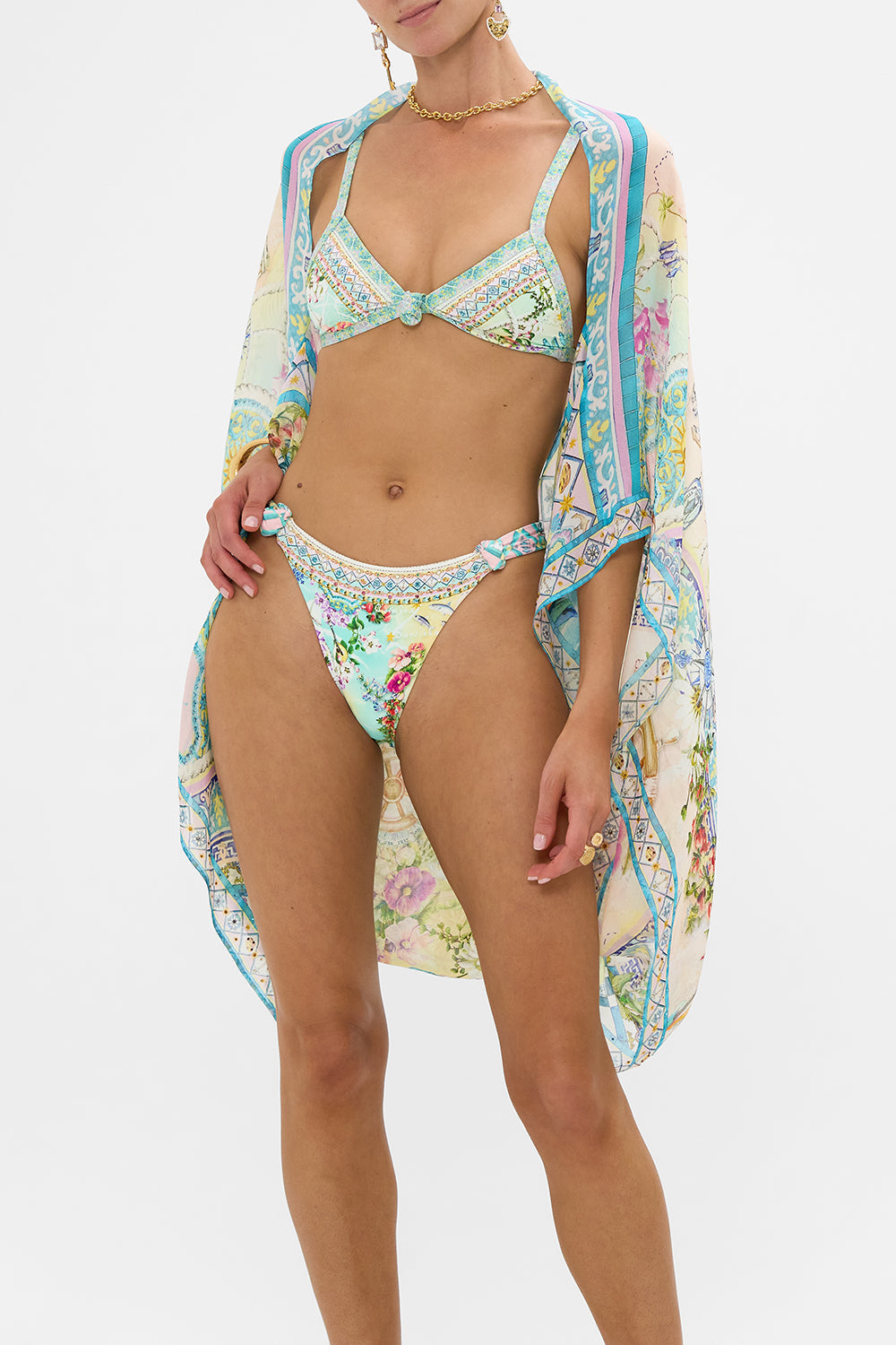 The CAMILLA SILK CHIFFON SHRUG JUST COASTING in our  print.
