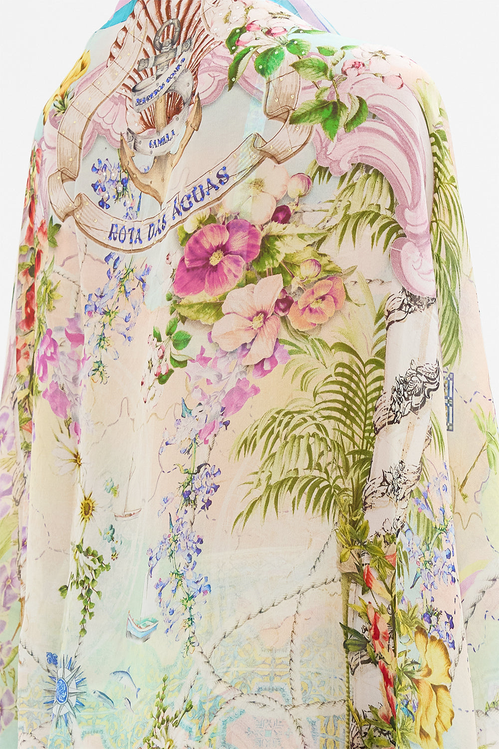 The CAMILLA SILK CHIFFON SHRUG JUST COASTING in our  print.