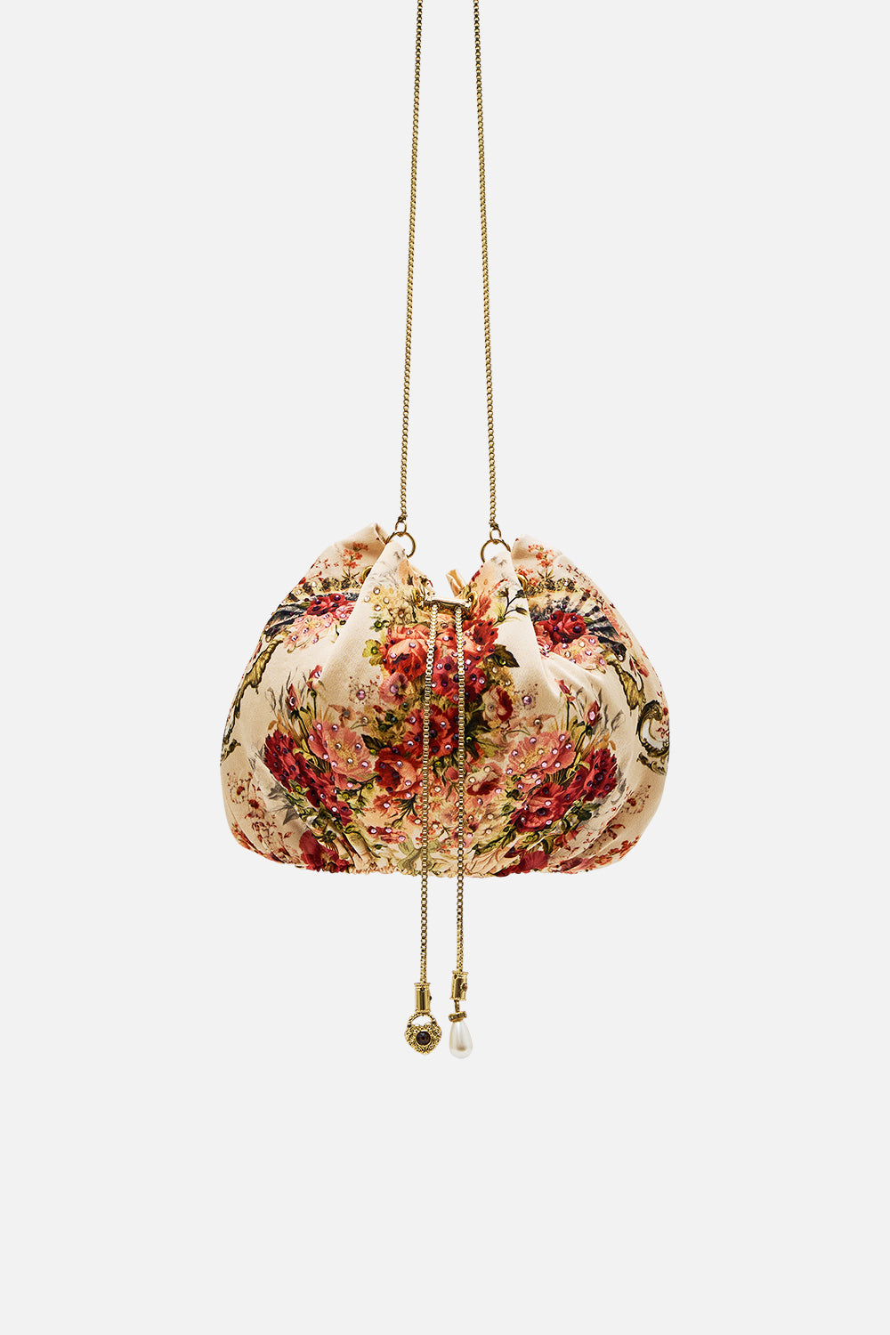 The CAMILLA Drawstring Pouch Bag With Chain Strap in our Meet Me At The Majestic print.