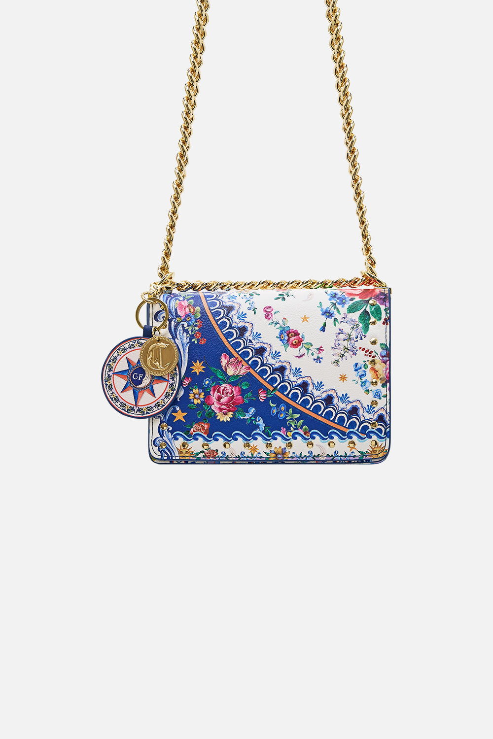 The CAMILLA Crossbody Box Bag With Chain And Keyring in our Tiles Darls print.