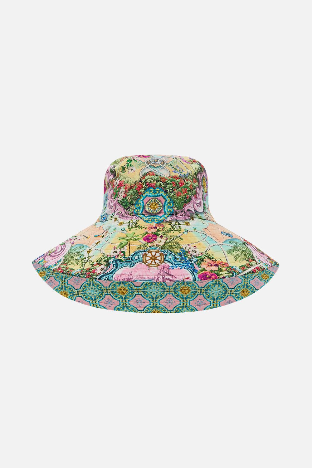 The CAMILLA Wide Brim Bucket Hat in our Just Coasting print.