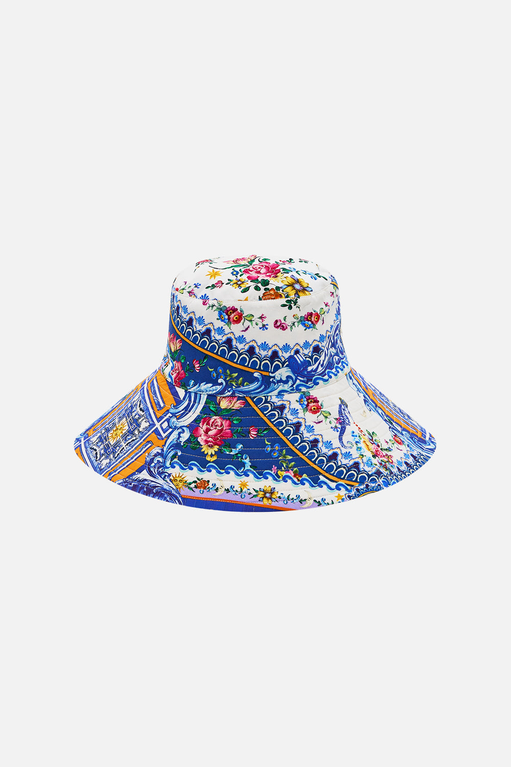 The CAMILLA WIDE BRIM BUCKET HAT TILES DARLS in our  print.