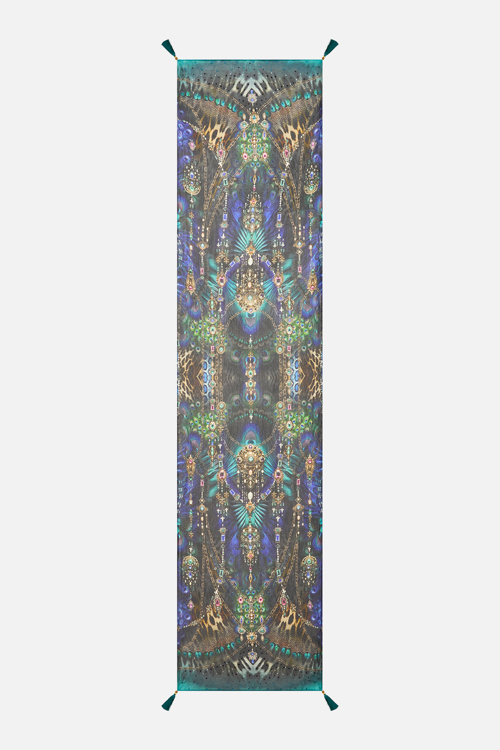 The CAMILLA LONG SILK CRINKLE CHIFFON SCARF DOMINICAN DECADENCE in our  print.
