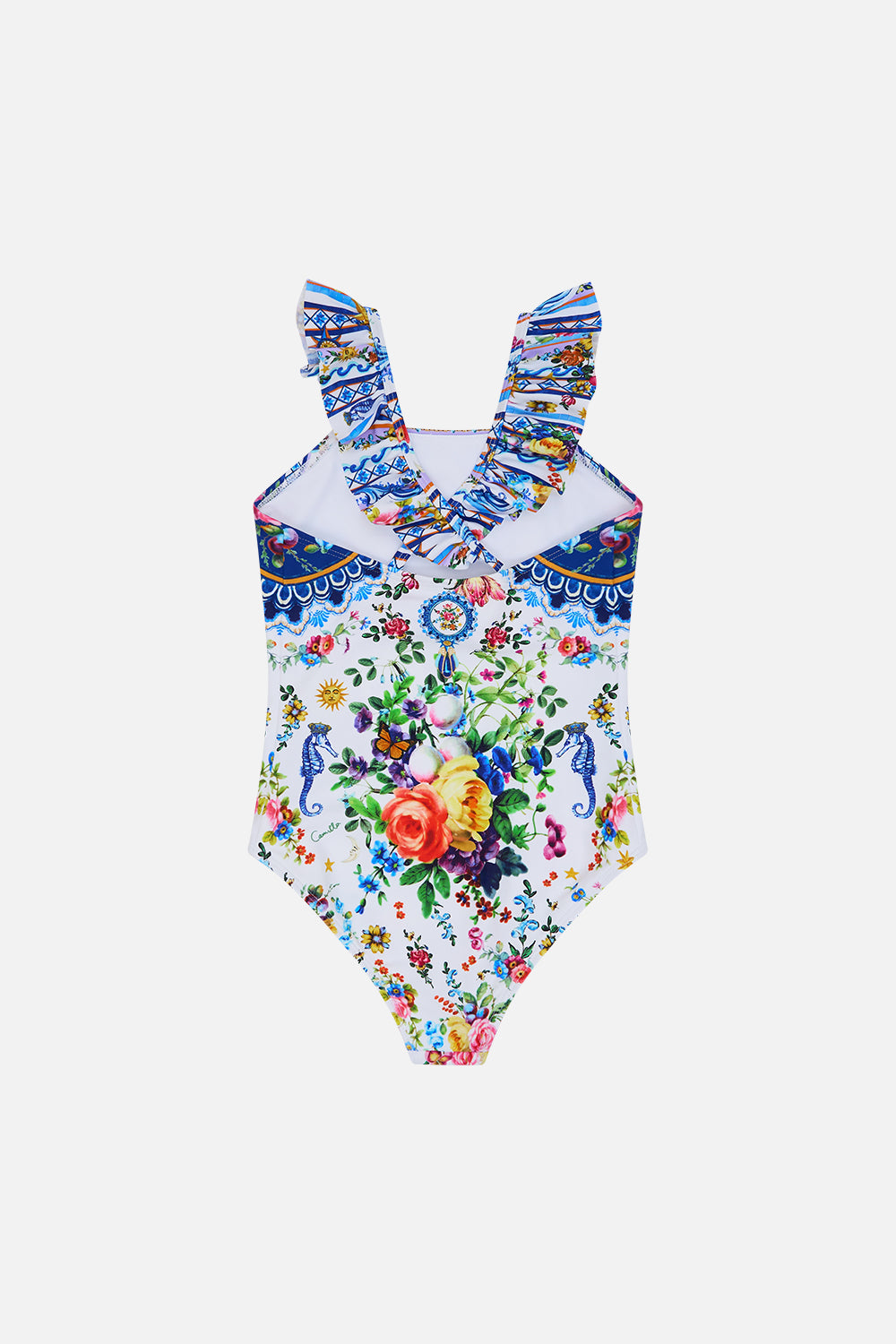 The CAMILLA Kids Straight Neck One Piece W Frill 4-10 in our Tiles Darls print.