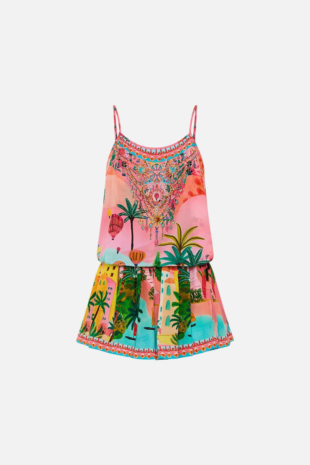 CAMILLA Shoestring Strap Playsuit in Sister Sunset print. 