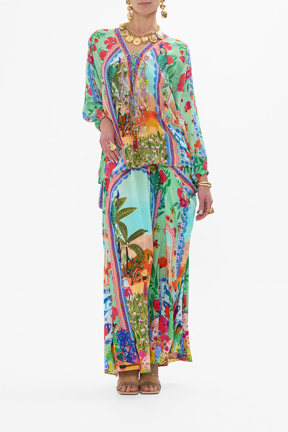 CAMILLA Lace Up Blouse in Queens of Creation print. 