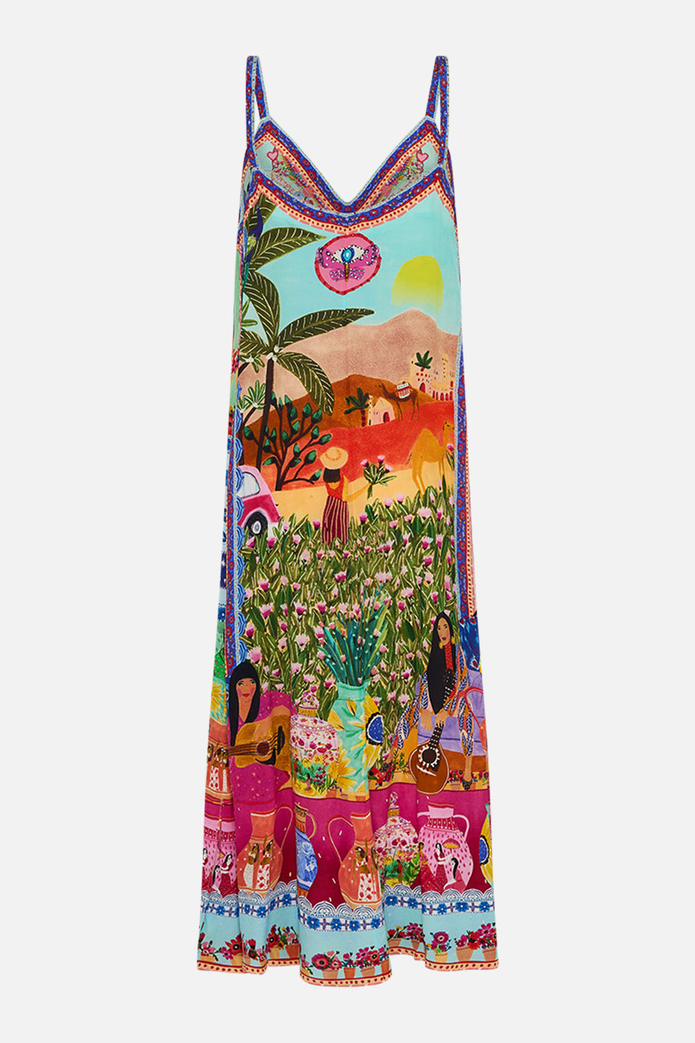 CAMILLA V Neck Midi Slip Dress in Queens of Creation print. 