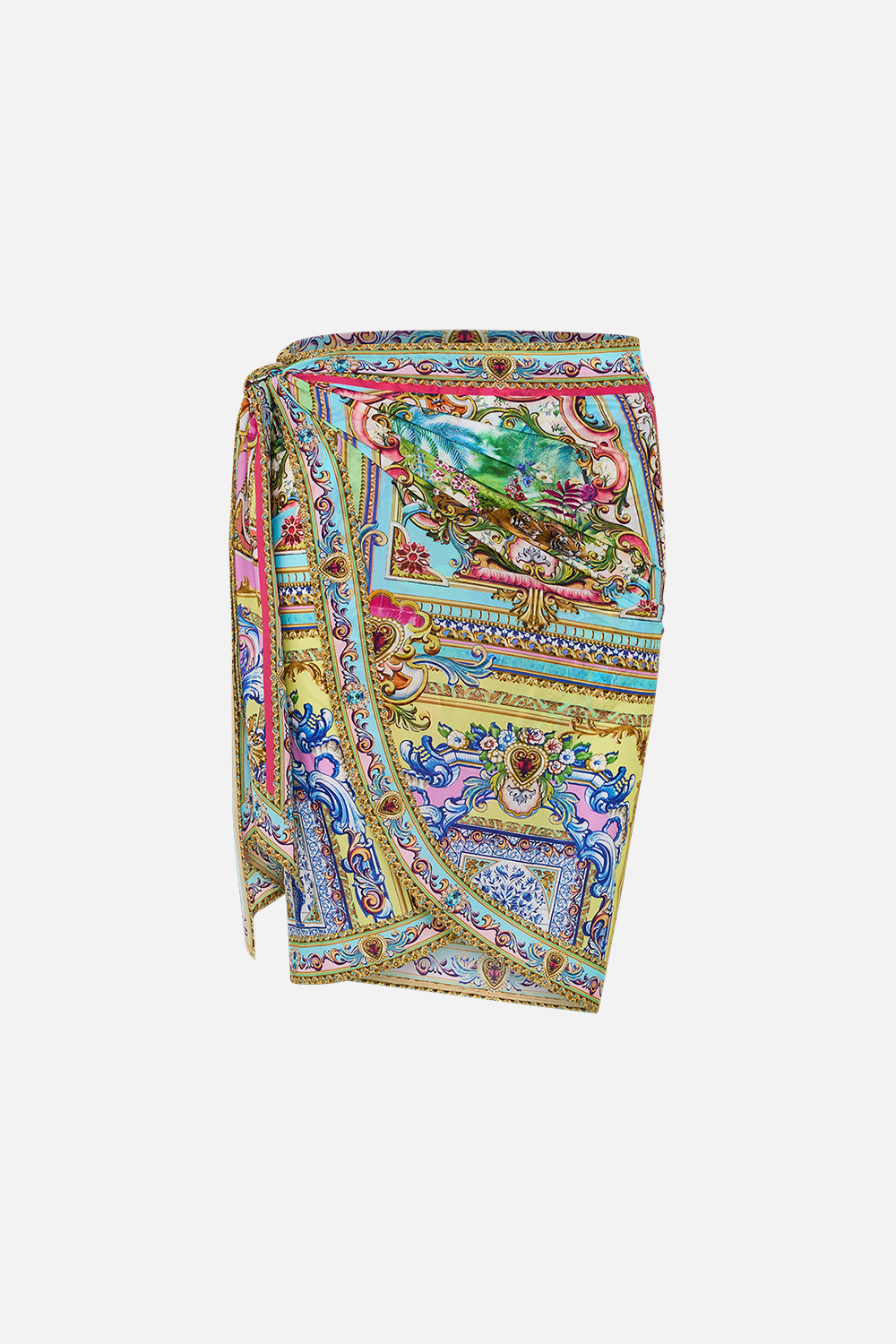 The CAMILLA Eyelet Wrap Mini Skirt With Tie Waist in our Spirit Of Santa Maria print.