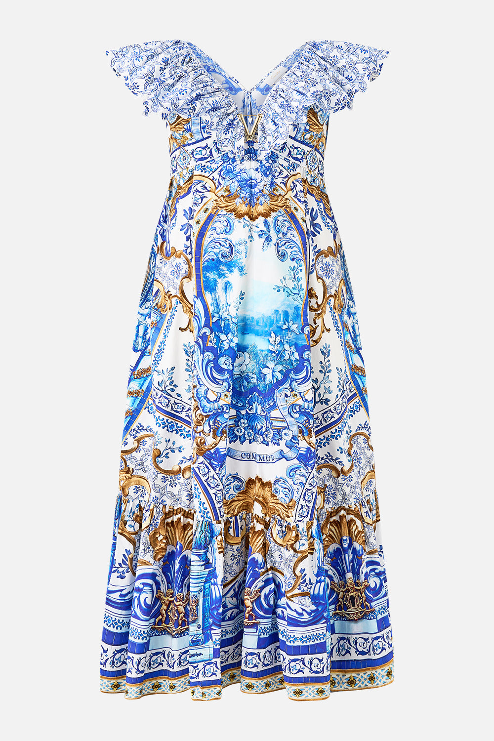 VESTIDO CON CUELLO CON VOLANTES Y DETALLES METÁLICOS AZUL AVENTURAS