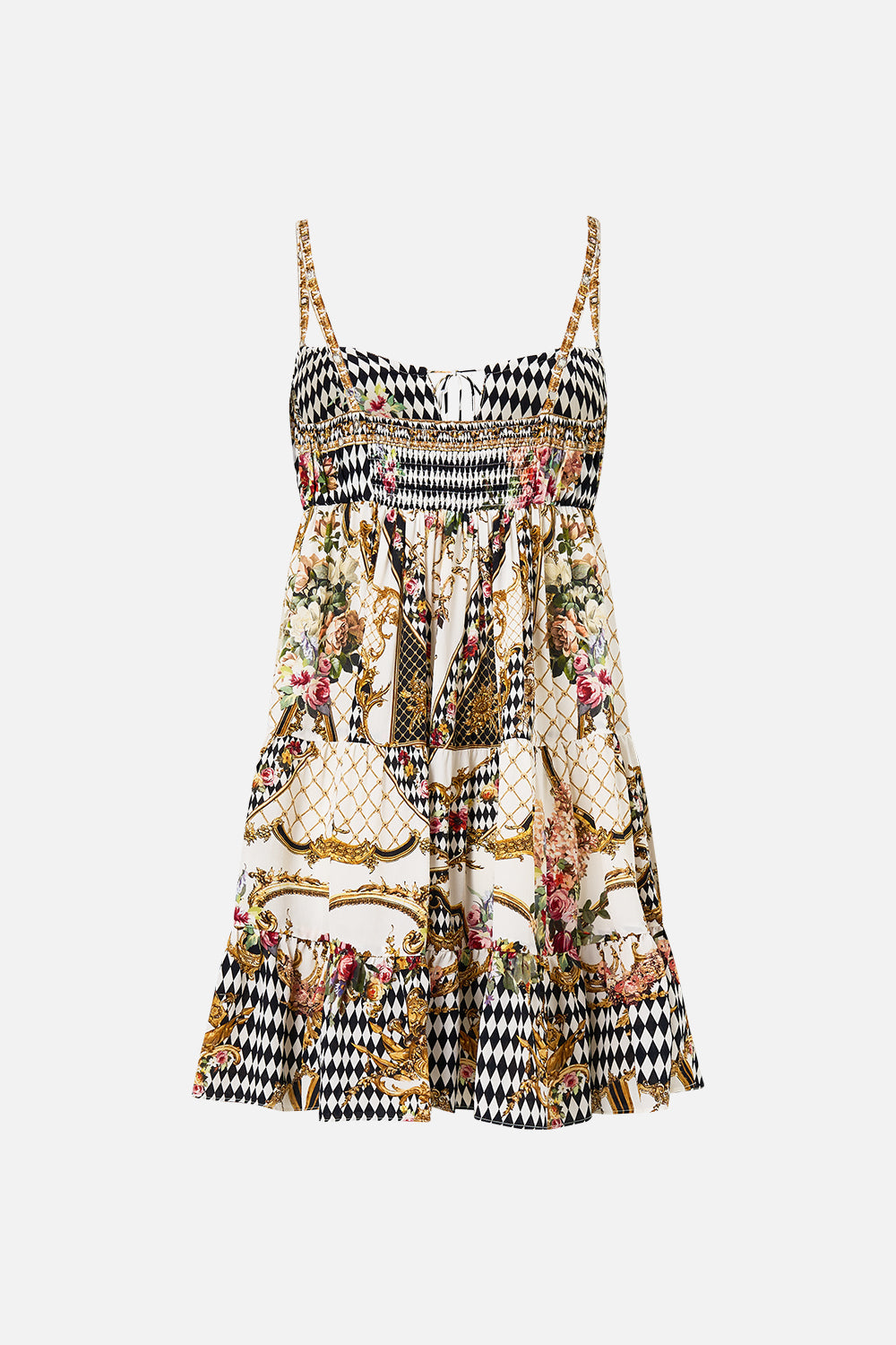 GATHERED BUST TIERED MINI DRESS ROCOCO GLOW