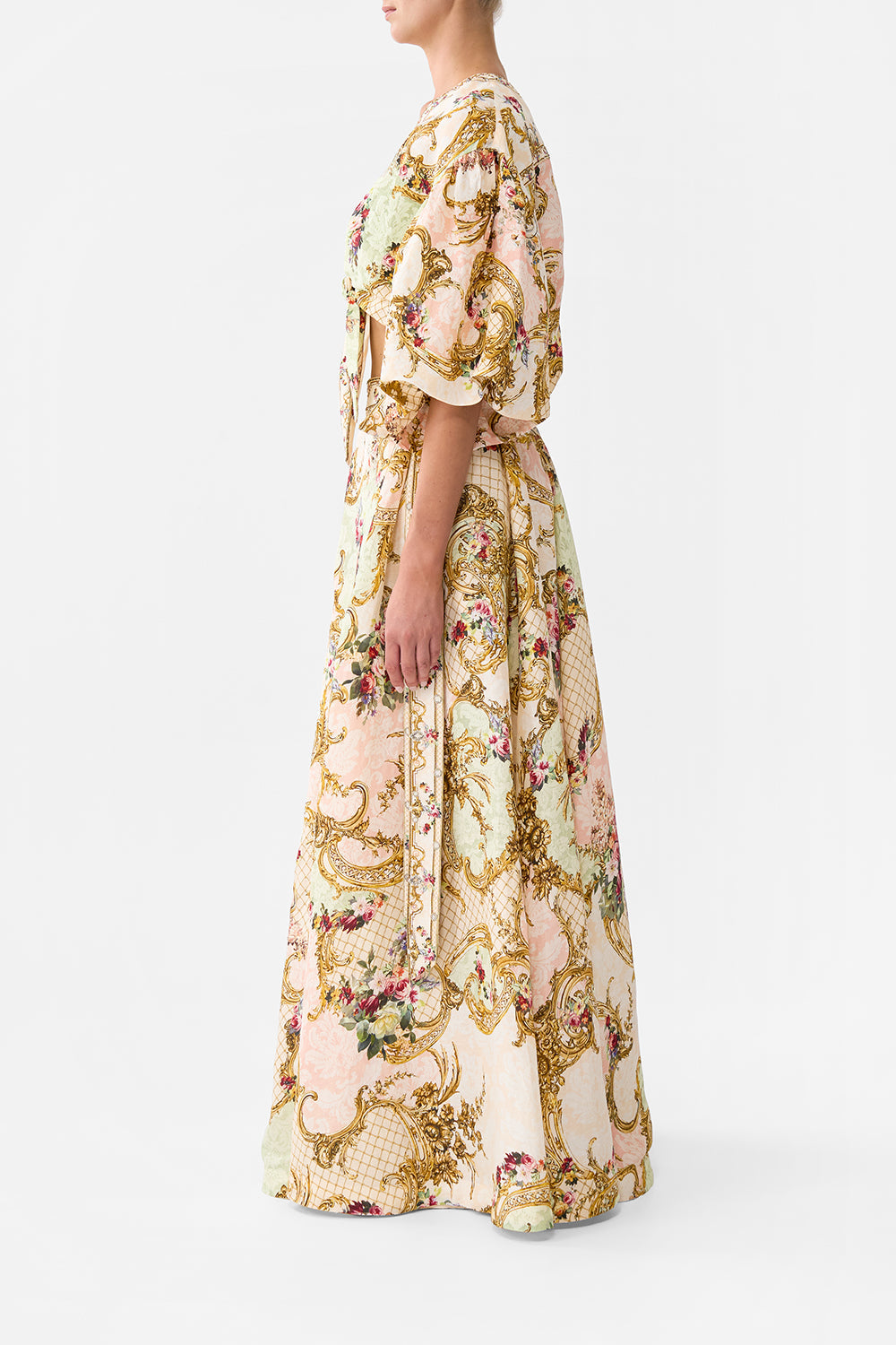 The CAMILLA MAXI WRAP SKIRT THE QUEENS QUARTERS in our  print.