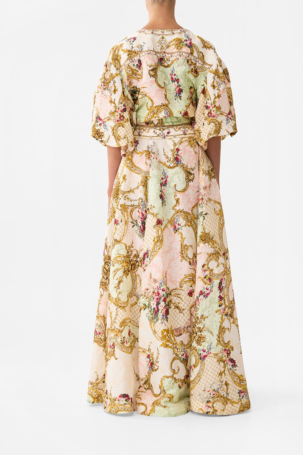 The CAMILLA MAXI WRAP SKIRT THE QUEENS QUARTERS in our  print.