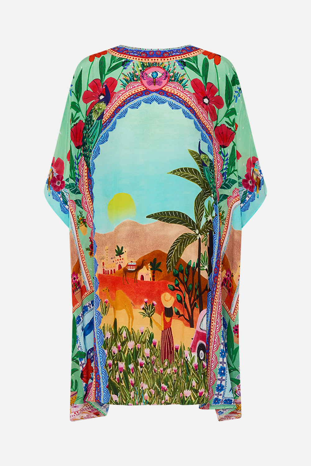 CAMILLA Rectangular v neck kaftan in Queens of Creation print. 
