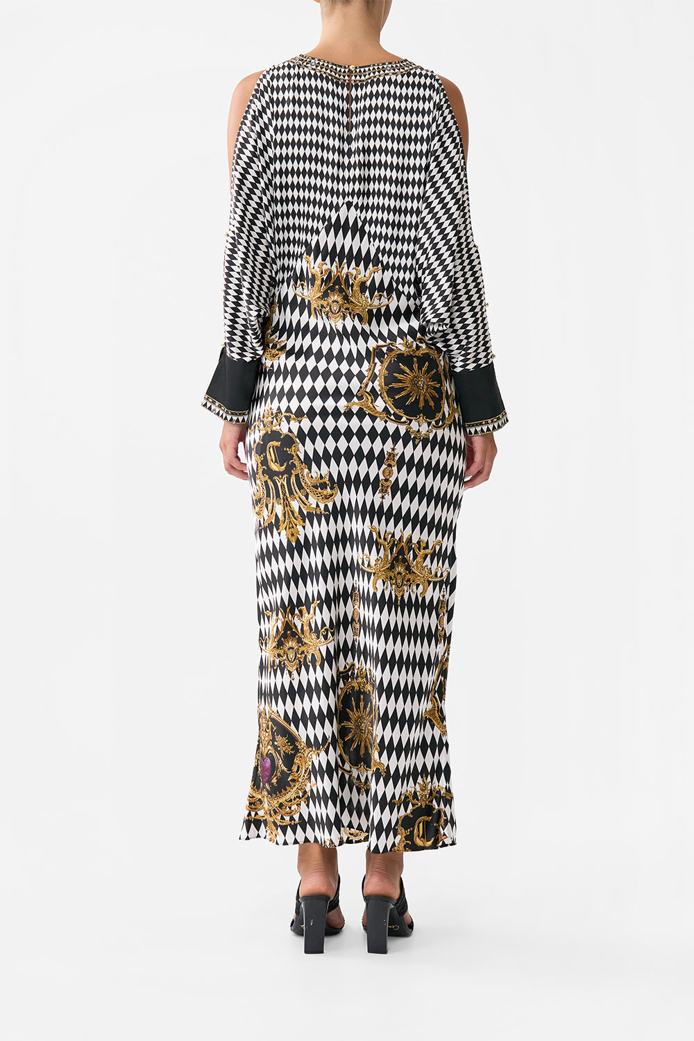 The CAMILLA PLUNGE NECK DRAPED SHOULDER DRESS MONARCHY MANIA in our  print.