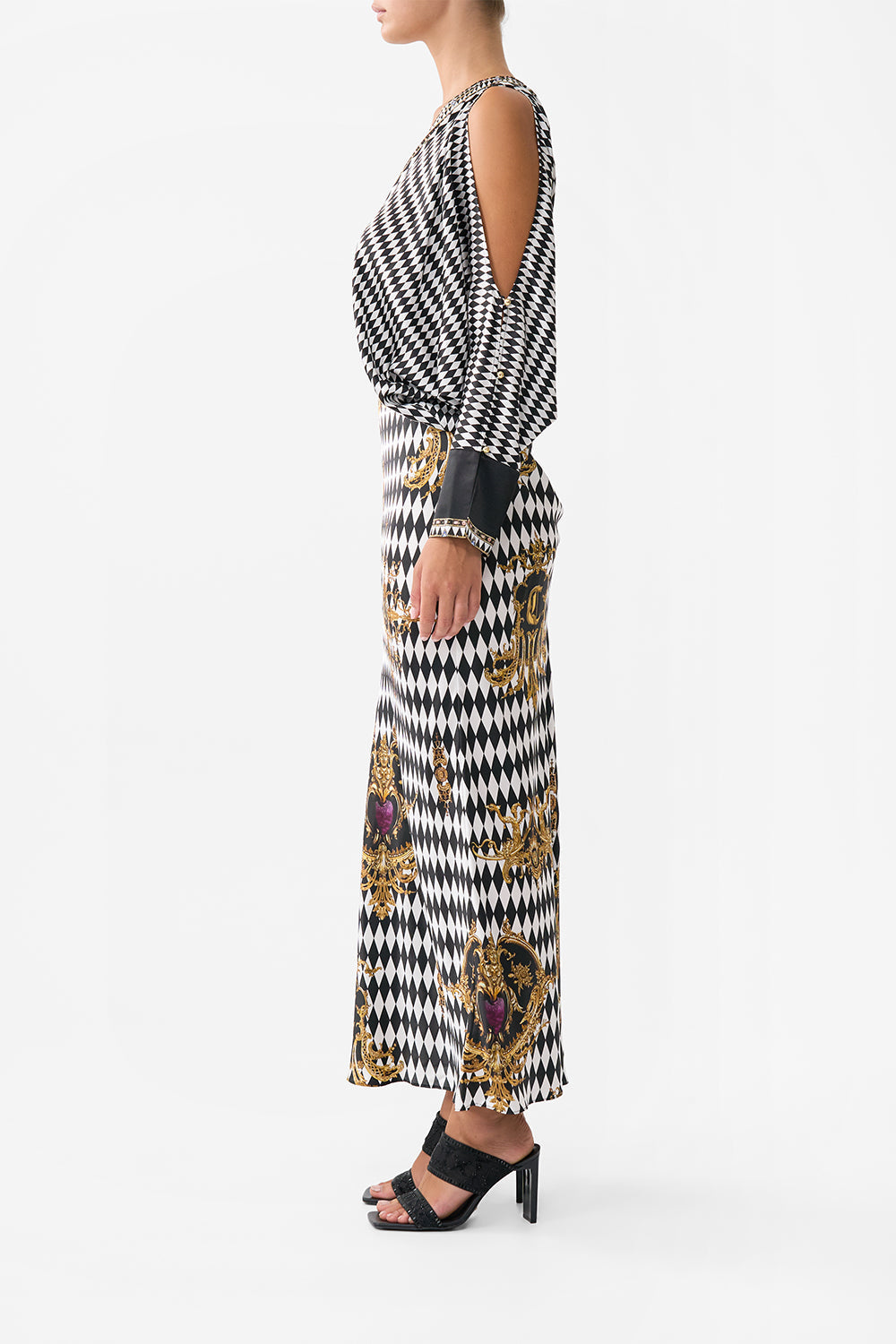 The CAMILLA PLUNGE NECK DRAPED SHOULDER DRESS MONARCHY MANIA in our  print.