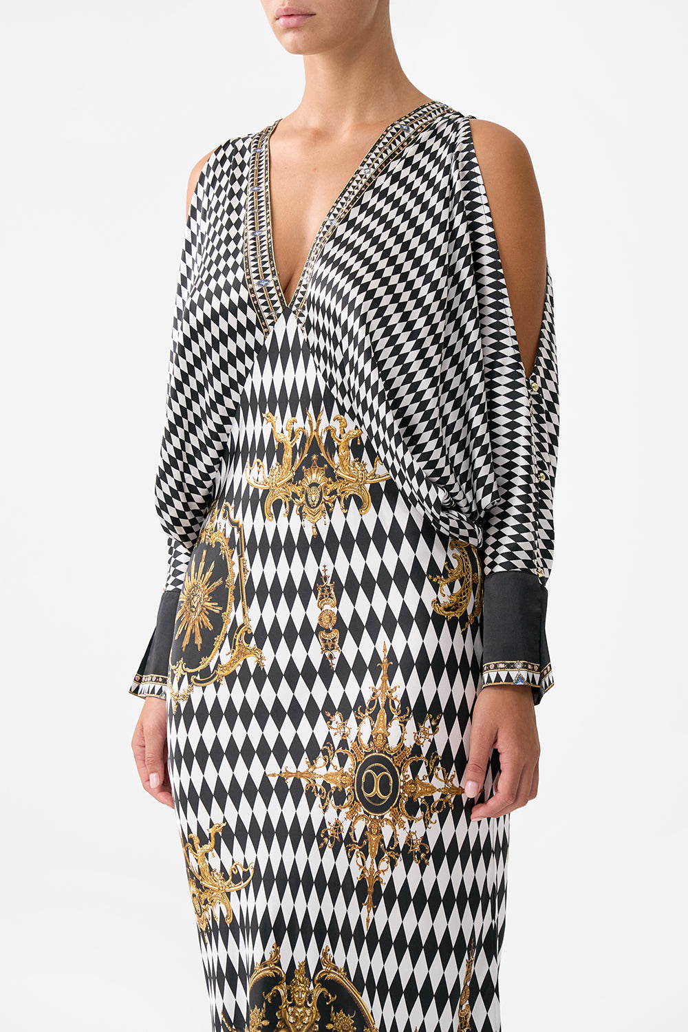 The CAMILLA PLUNGE NECK DRAPED SHOULDER DRESS MONARCHY MANIA in our  print.