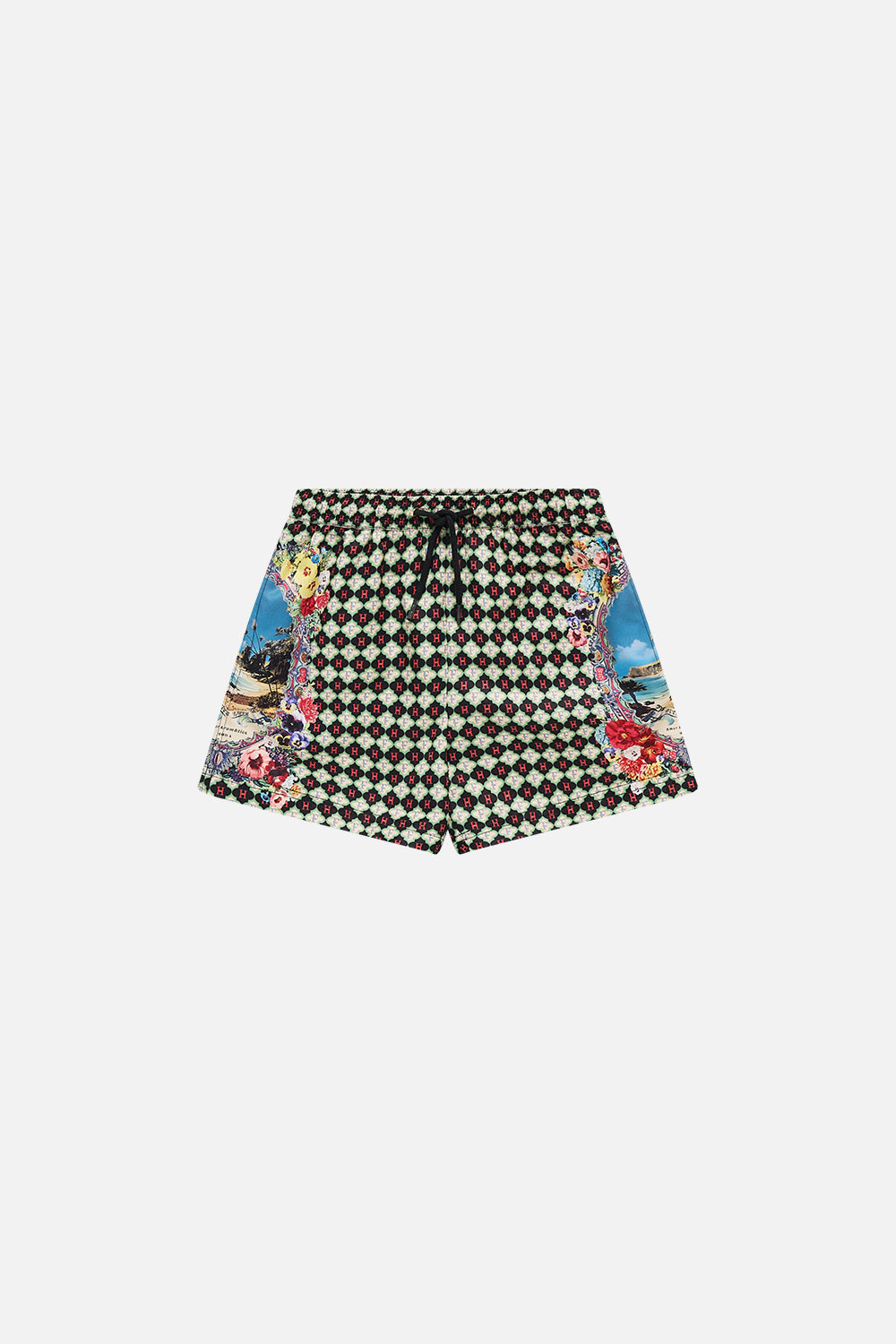 The CAMILLA BOYS MID BOARDSHORT WITH ELASTIC WAIST 4-10 BATHING BOMBSHELL in our BATHING BOMBSHELL print.