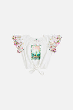 CROPPED TEE W TIE & EMBROIDERED SLEEVES 4-10 MUNCHKINLAND