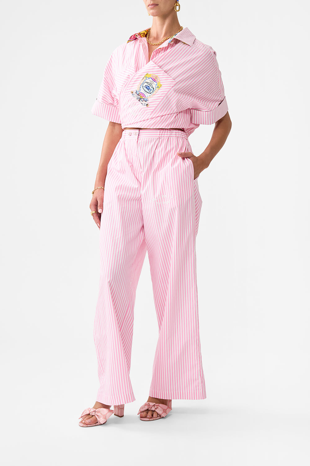 The CAMILLA BUTTON FRONT LOUNGE PANT SALTY SPLENDOUR in our  print.