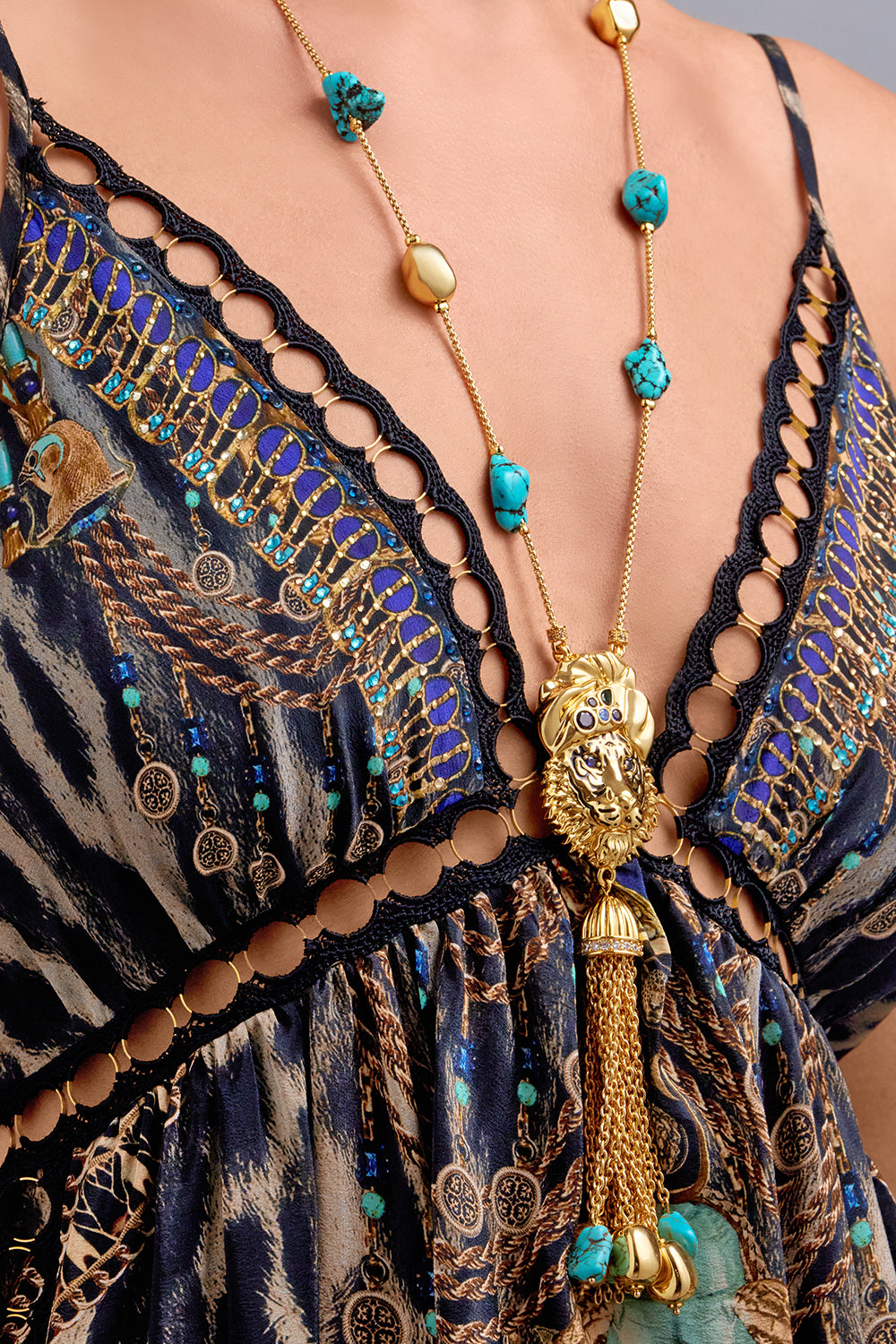 CAMILLA Gold Long Jaggi Necklace in Sacred Symbols print. 