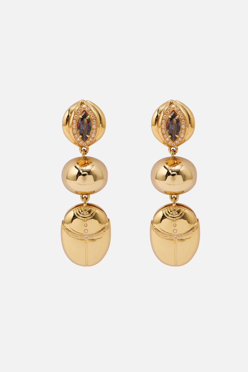 CAMILLA gold Scarab Earrings in Cosmic Cartouche printl 