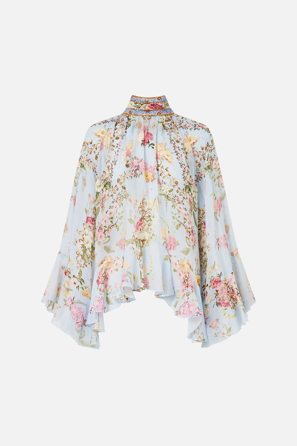 CAMISETA DE MANGA LARGA CON CUELLO Y VOLANTES ORGANIZADOS EN EL TIEMPO