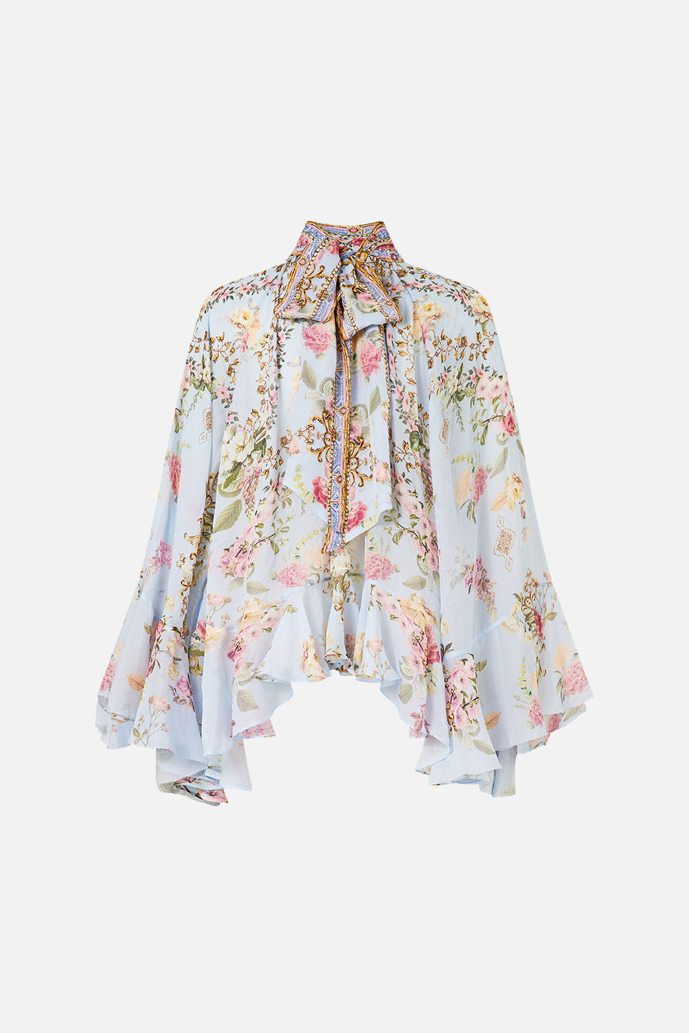 CAMISETA DE MANGA LARGA CON CUELLO Y VOLANTES ORGANIZADOS EN EL TIEMPO