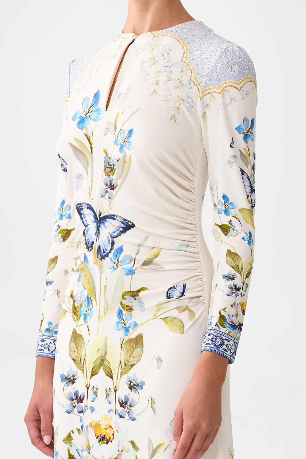 The CAMILLA gathered jersey long dress from our print botanical ballads