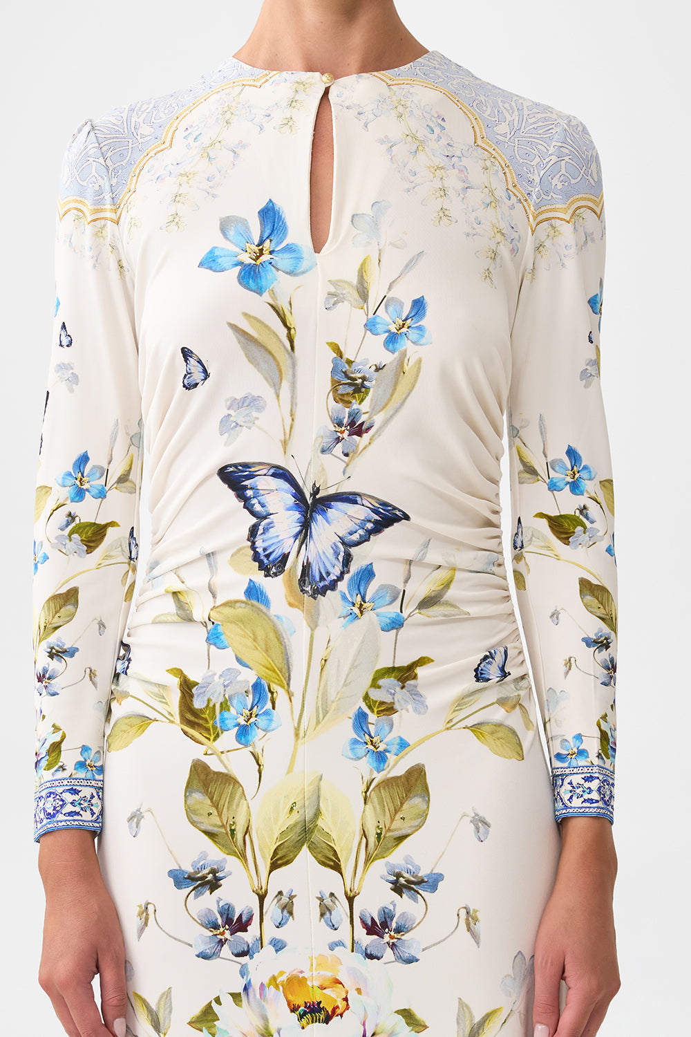 The CAMILLA gathered jersey long dress from our print botanical ballads